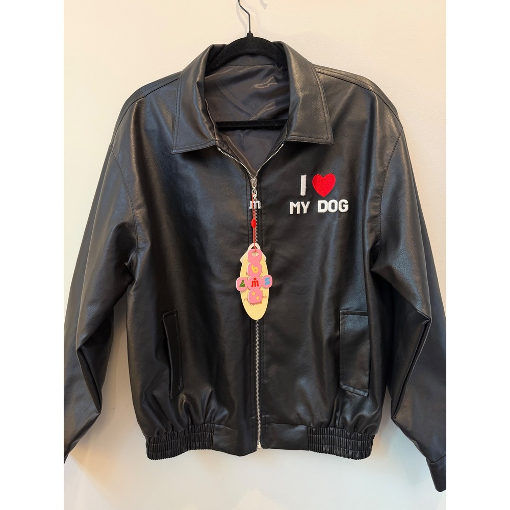 Masoo Make I Love My Dog Faux Leather Bomber Jacket Black M NWT